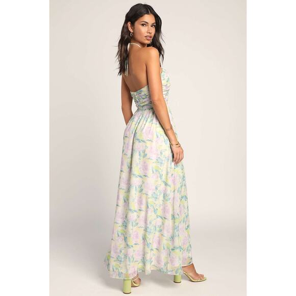 NWT Lulus Effortlessly Abloom Green Multi Floral Ruched Halter Maxi Dress Sz M - Picture 4 of 8
